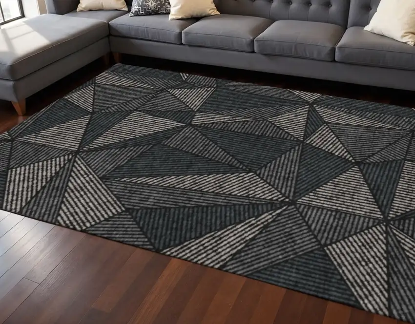Black And Ivory Geometric Washable Area Rug With UV Protection Photo 2