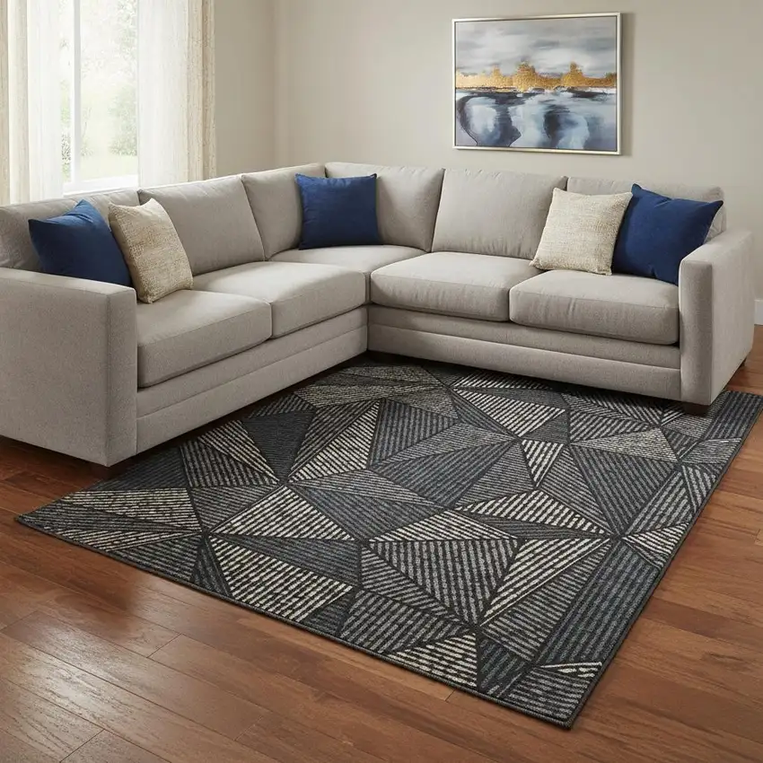 Black And Ivory Geometric Washable Area Rug With UV Protection Photo 1