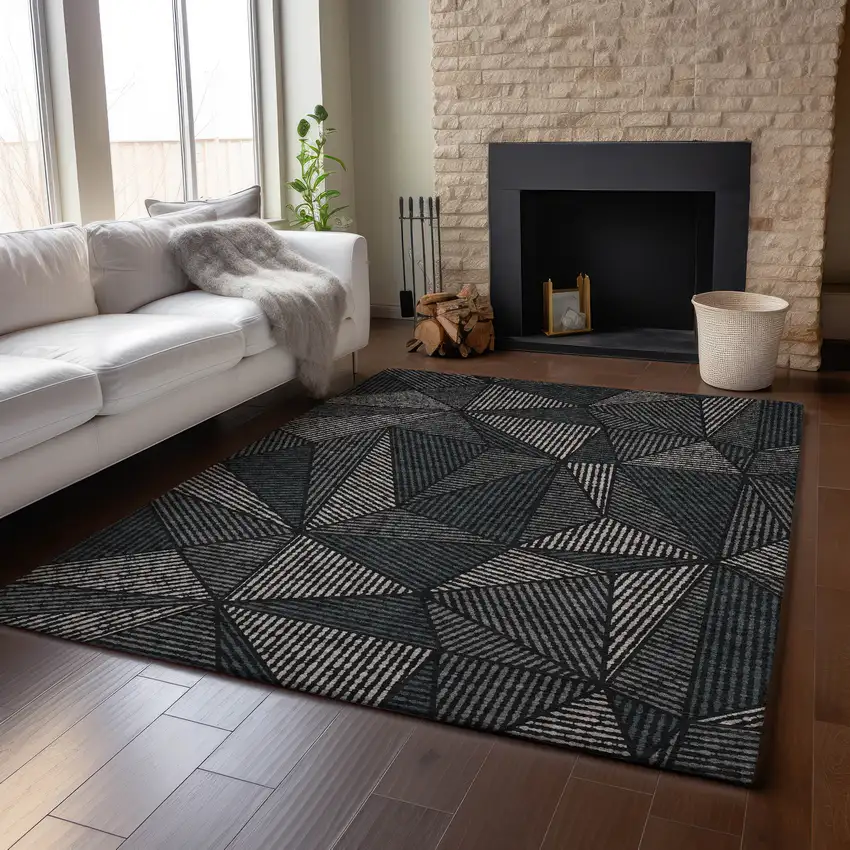 Black And Ivory Geometric Washable Area Rug With UV Protection Photo 5