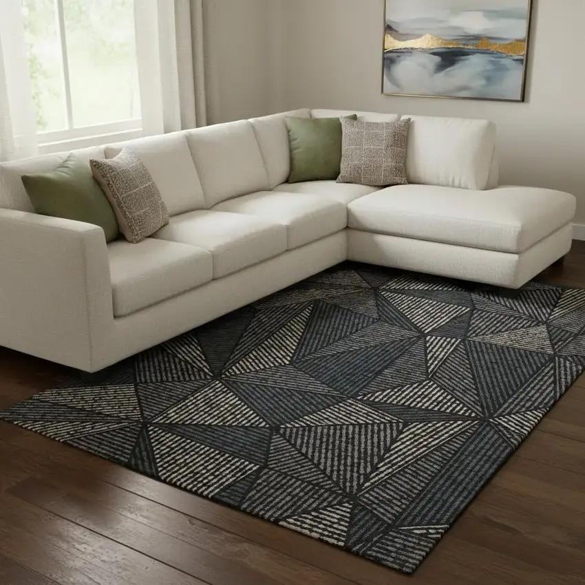 Black And Ivory Geometric Washable Area Rug With UV Protection Photo 1