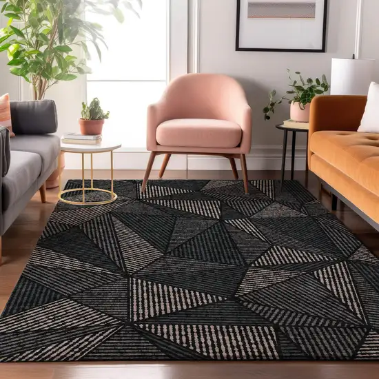 Black And Ivory Geometric Washable Area Rug With UV Protection Photo 3