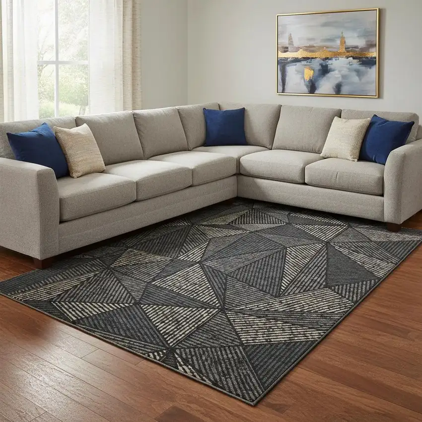 Black And Ivory Geometric Washable Area Rug With UV Protection Photo 1