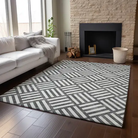 Black And Ivory Geometric Washable Area Rug With UV Protection Photo 4