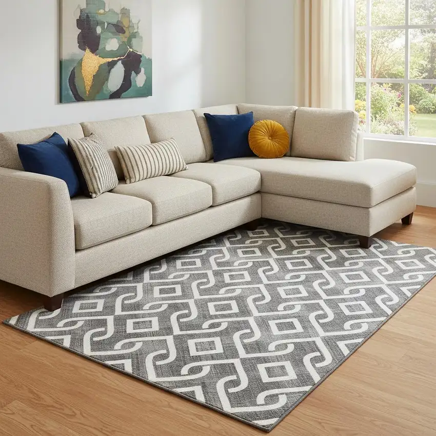 Black And Ivory Geometric Washable Area Rug With UV Protection Photo 1