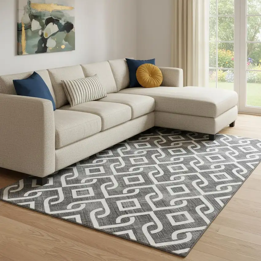 Black And Ivory Geometric Washable Area Rug With UV Protection Photo 1