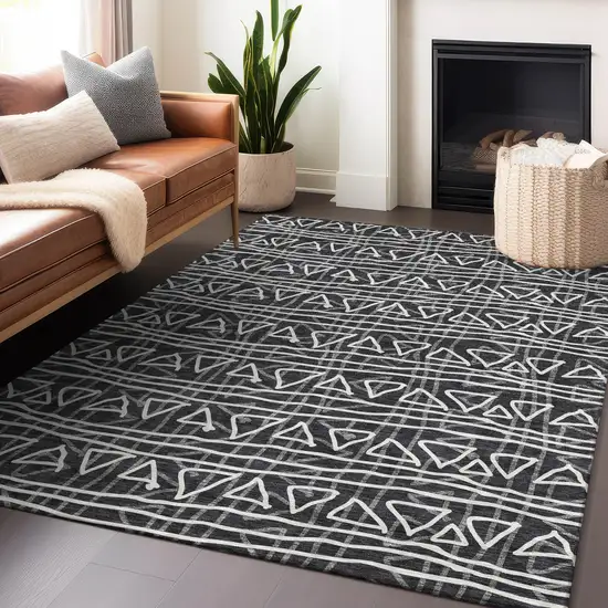 Black And Ivory Geometric Washable Area Rug With UV Protection Photo 6