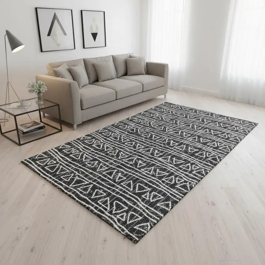 Black And Ivory Geometric Washable Area Rug With UV Protection Photo 2