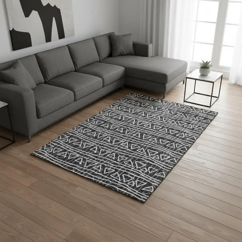 Black And Ivory Geometric Washable Area Rug With UV Protection Photo 2