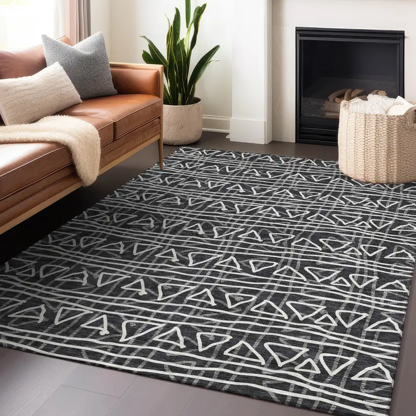 Black And Ivory Geometric Washable Area Rug With UV Protection Photo 6