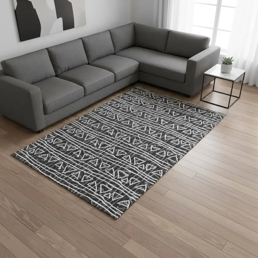 Black And Ivory Geometric Washable Area Rug With UV Protection Photo 2