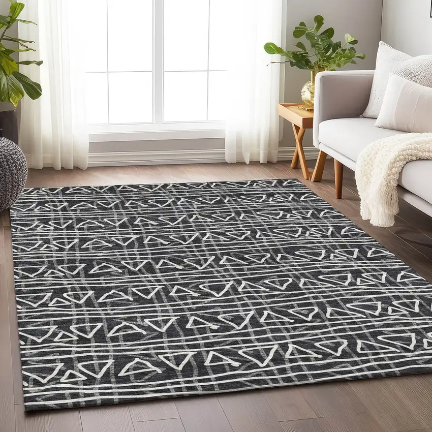 Black And Ivory Geometric Washable Area Rug With UV Protection Photo 5
