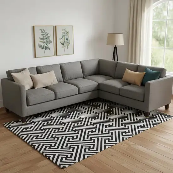 Black And Ivory Geometric Washable Area Rug With UV Protection Photo 1