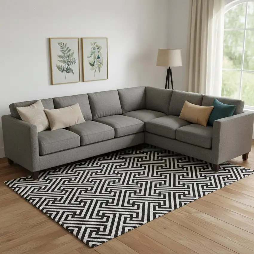 Black And Ivory Geometric Washable Area Rug With UV Protection Photo 1