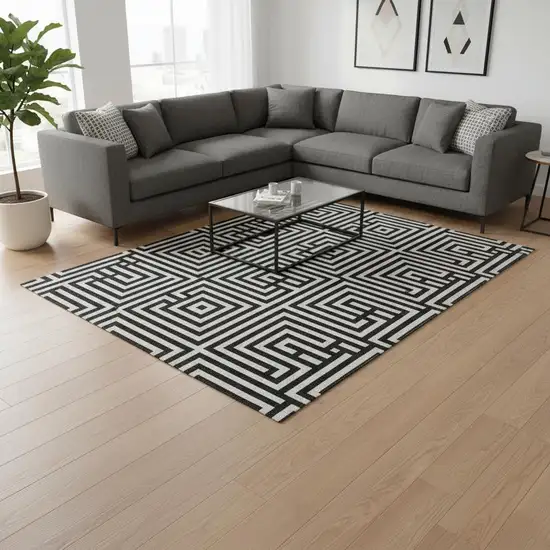 Black And Ivory Geometric Washable Area Rug With UV Protection Photo 2