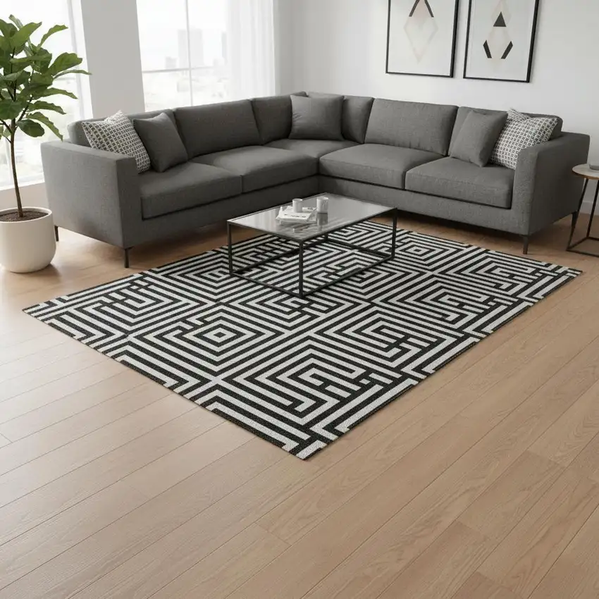 Black And Ivory Geometric Washable Area Rug With UV Protection Photo 2