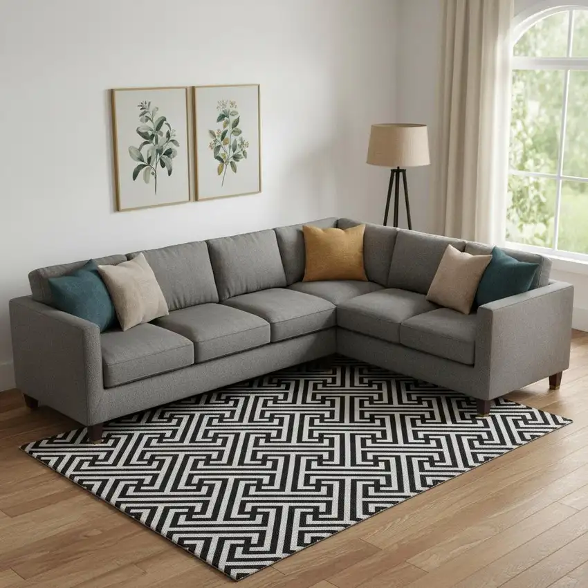 Black And Ivory Geometric Washable Area Rug With UV Protection Photo 1