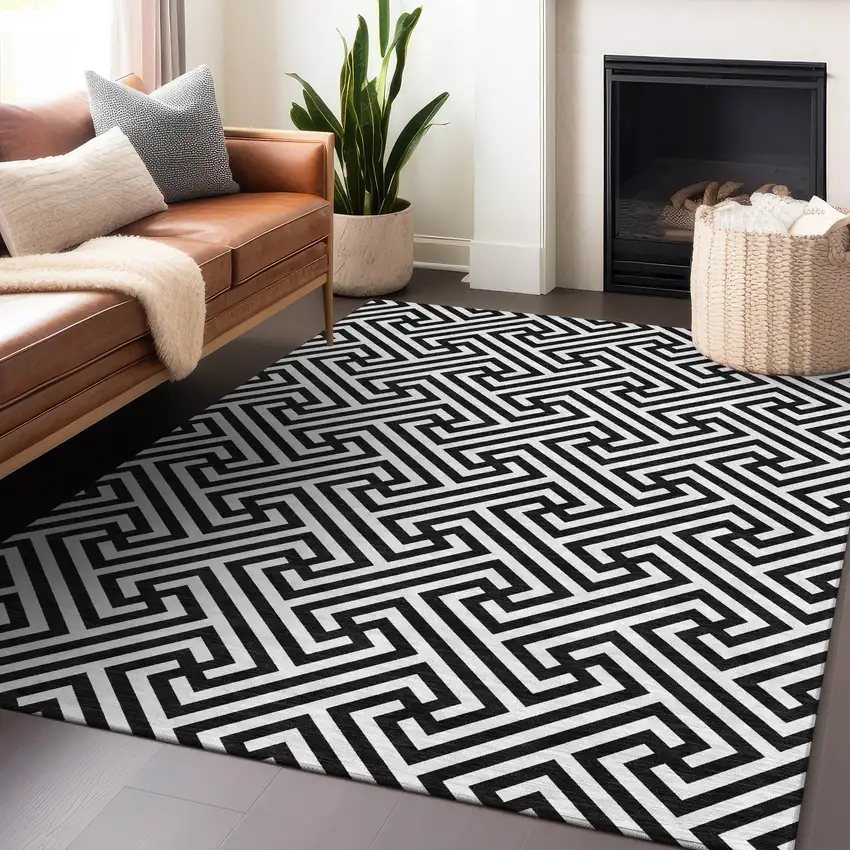 Black And Ivory Geometric Washable Area Rug With UV Protection Photo 6