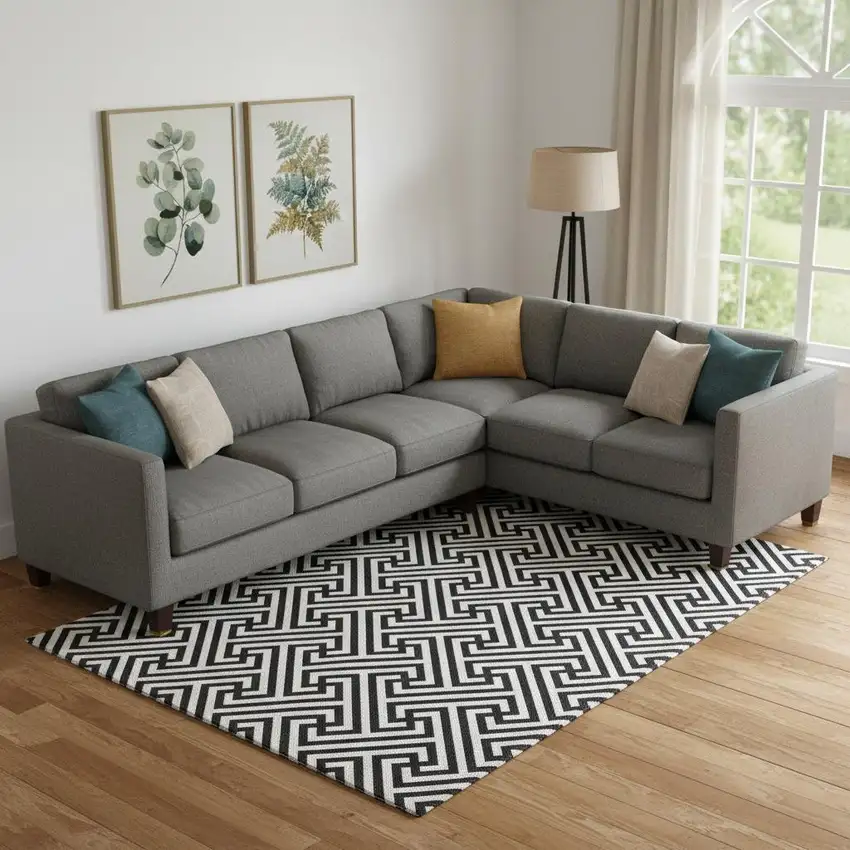 Black And Ivory Geometric Washable Area Rug With UV Protection Photo 1