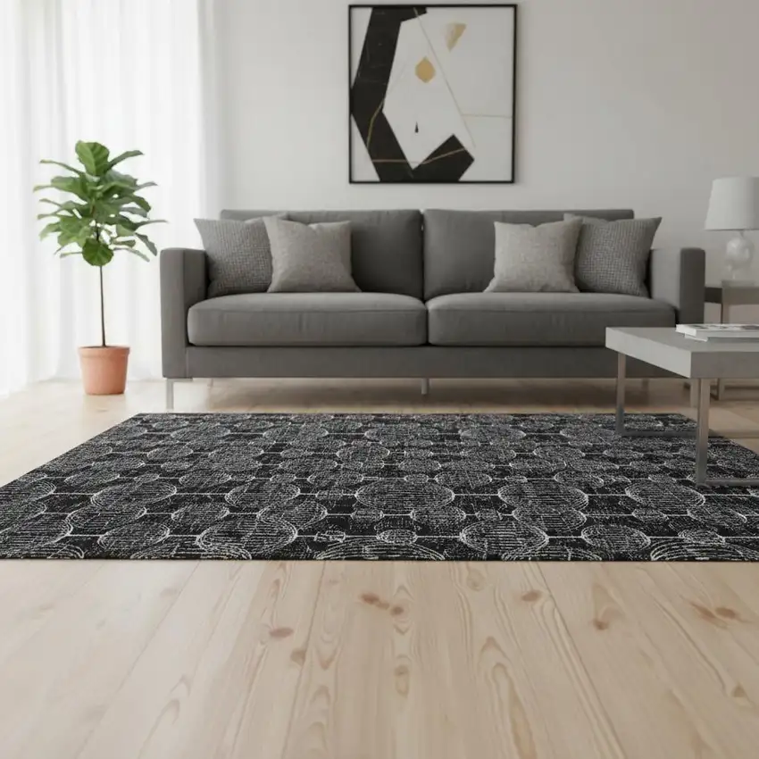 Black And Ivory Geometric Washable Area Rug With UV Protection Photo 2