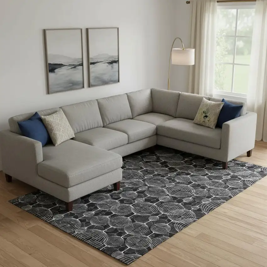 Black And Ivory Geometric Washable Area Rug With UV Protection Photo 1