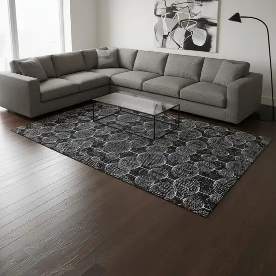 Black And Ivory Geometric Washable Area Rug With UV Protection Photo 2