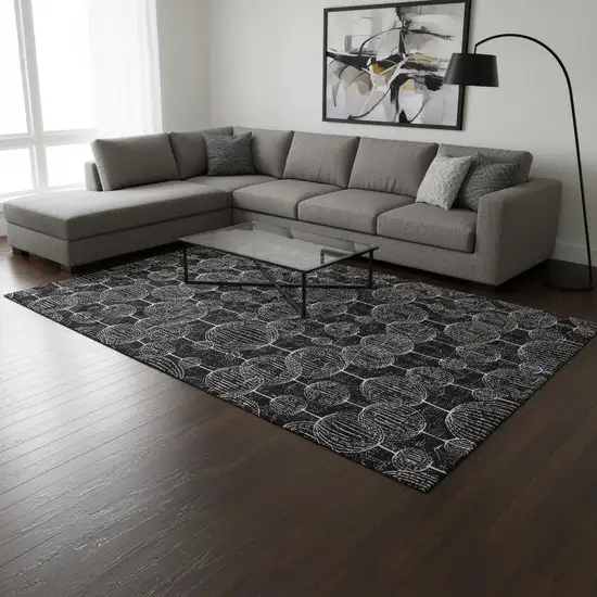 Black And Ivory Geometric Washable Area Rug With UV Protection Photo 2