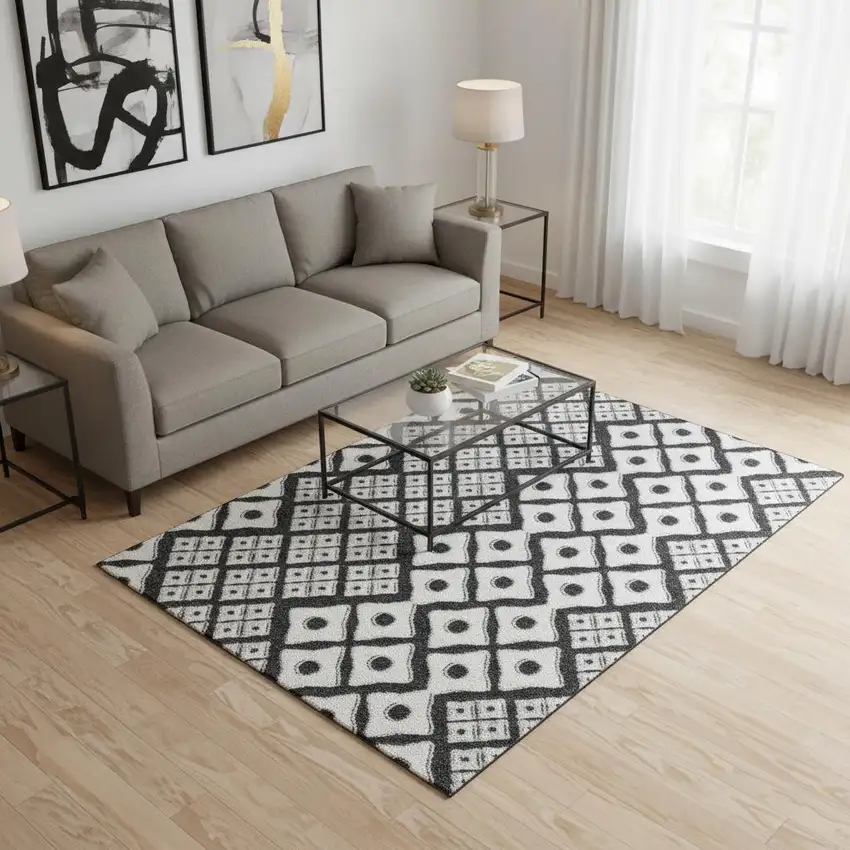 Black And Ivory Geometric Washable Area Rug With UV Protection Photo 1