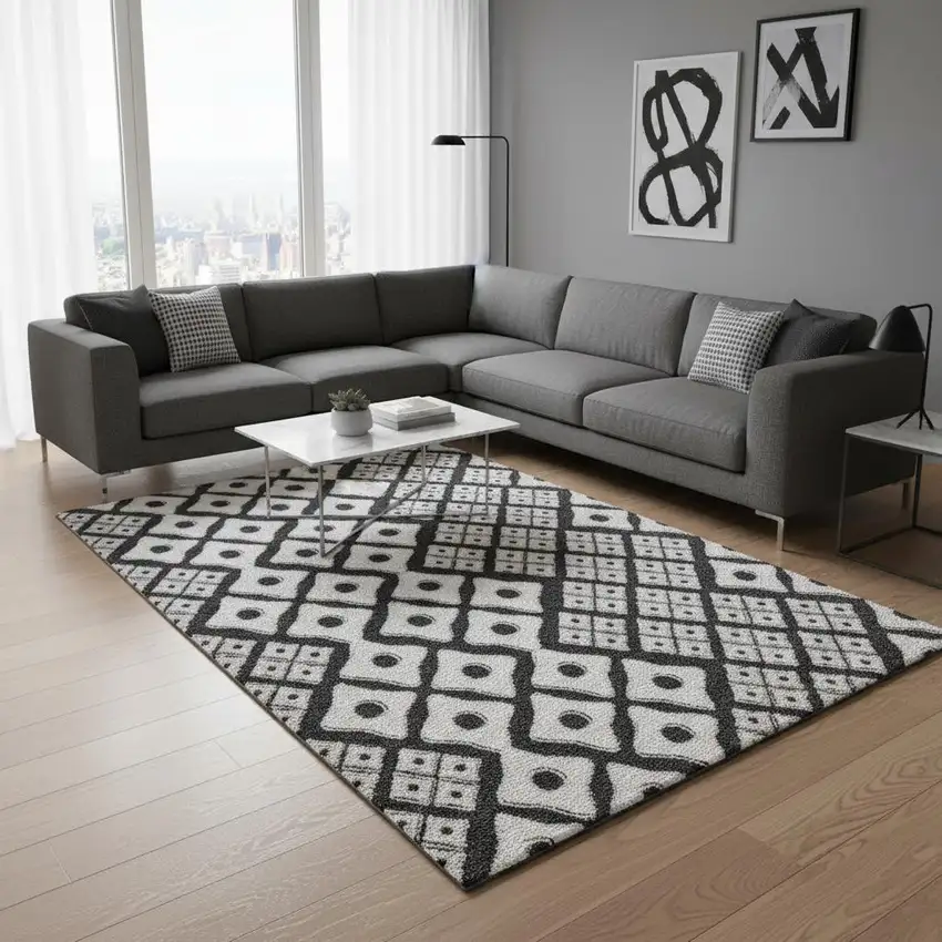 Black And Ivory Geometric Washable Area Rug With UV Protection Photo 1