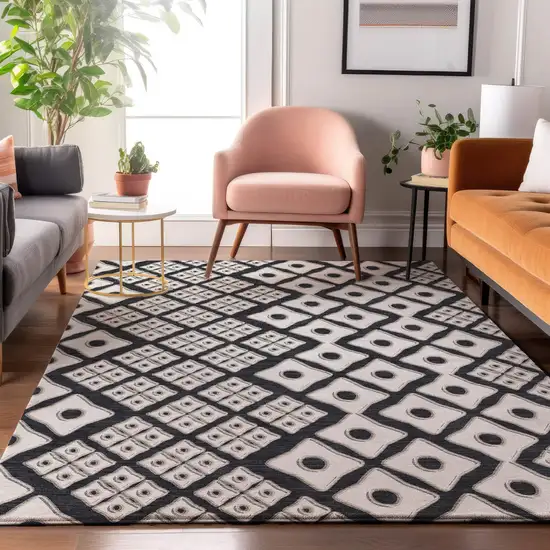 Black And Ivory Geometric Washable Area Rug With UV Protection Photo 5