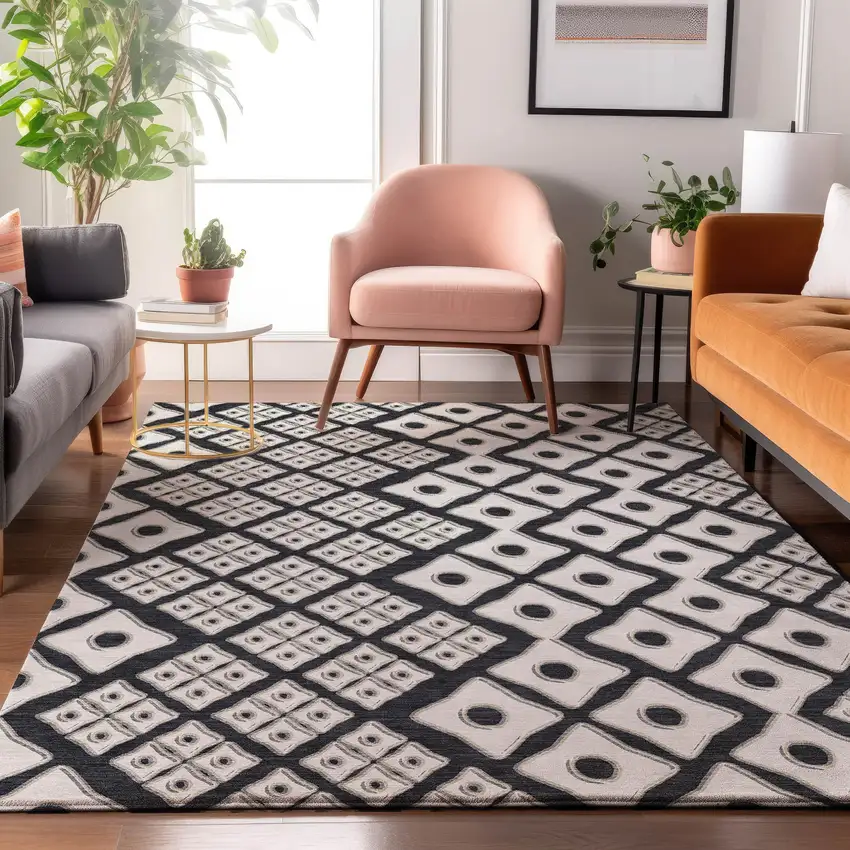 Black And Ivory Geometric Washable Area Rug With UV Protection Photo 5