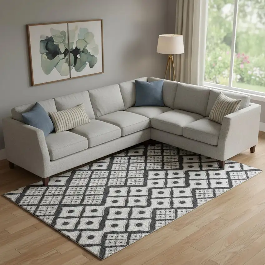 Black And Ivory Geometric Washable Area Rug With UV Protection Photo 1