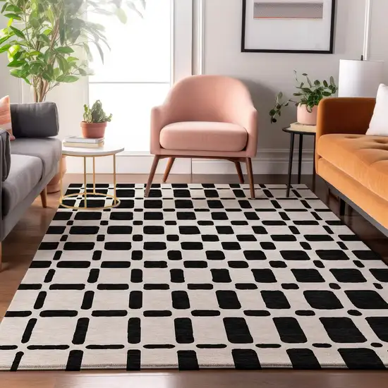 Black And Ivory Geometric Washable Area Rug With UV Protection Photo 5