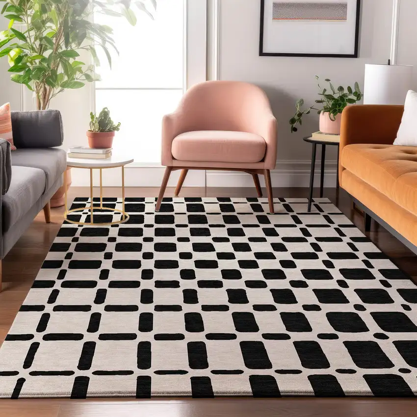 Black And Ivory Geometric Washable Area Rug With UV Protection Photo 5
