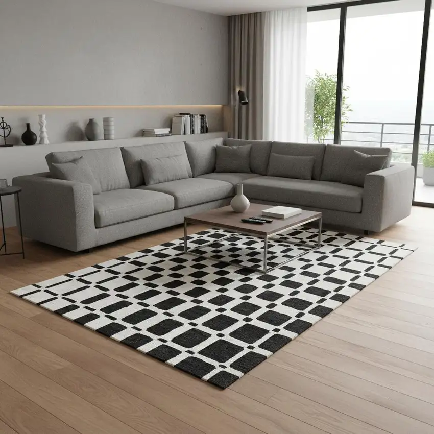 Black And Ivory Geometric Washable Area Rug With UV Protection Photo 2