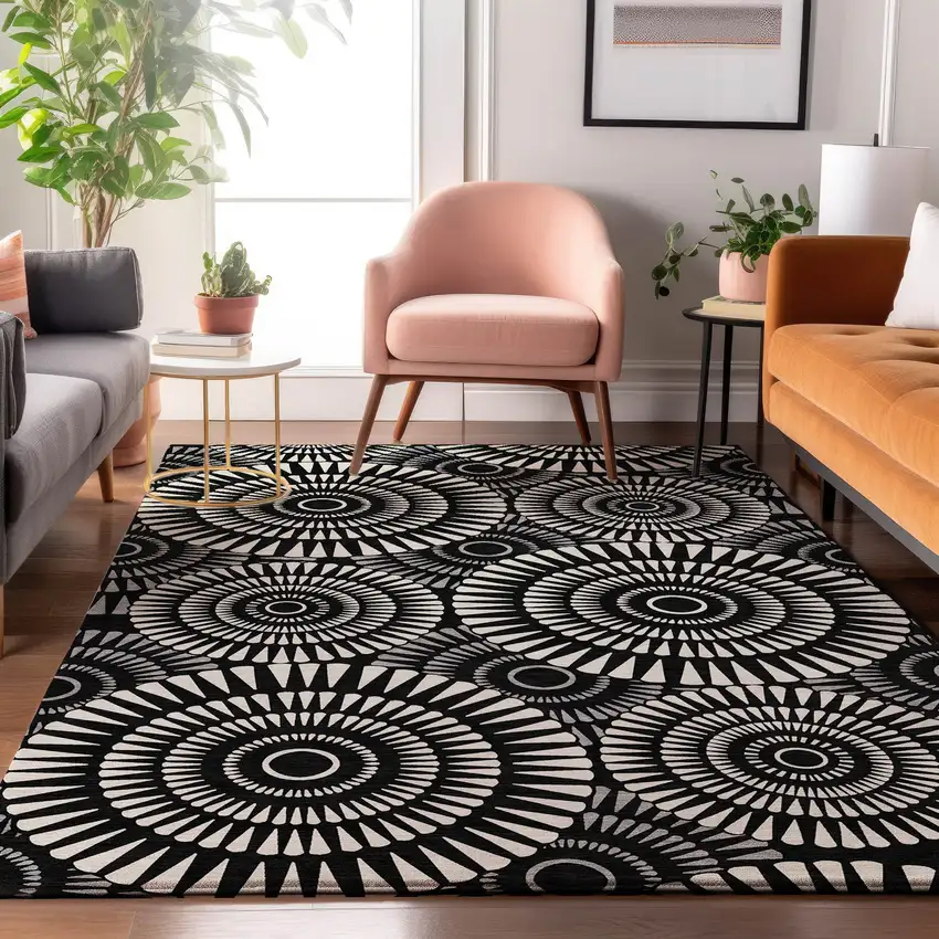 Black And Ivory Geometric Washable Area Rug With UV Protection Photo 5