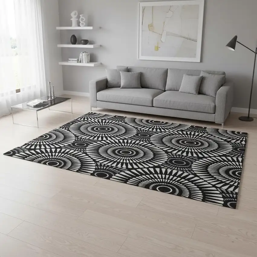 Black And Ivory Geometric Washable Area Rug With UV Protection Photo 2