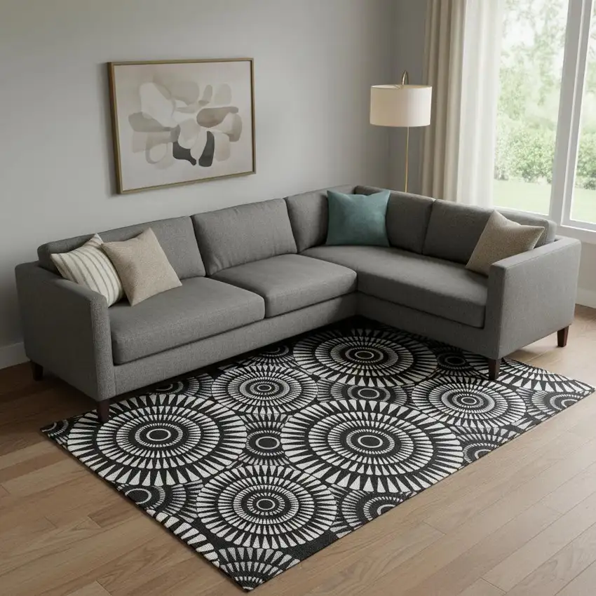 Black And Ivory Geometric Washable Area Rug With UV Protection Photo 1