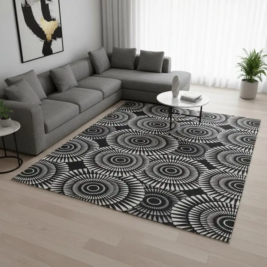 Black And Ivory Geometric Washable Area Rug With UV Protection Photo 2