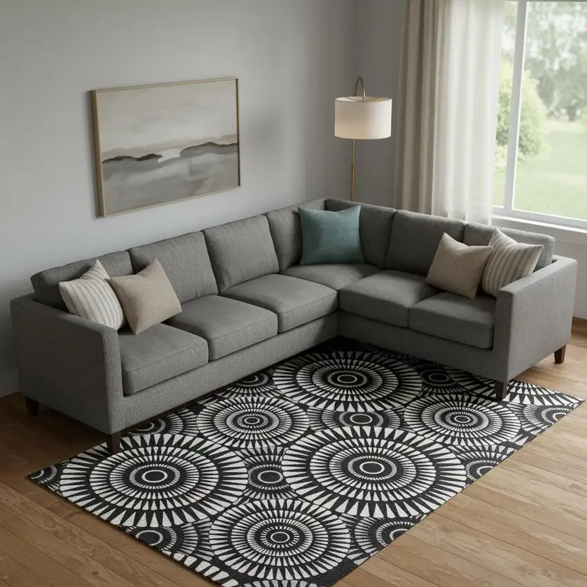 Black And Ivory Geometric Washable Area Rug With UV Protection Photo 1