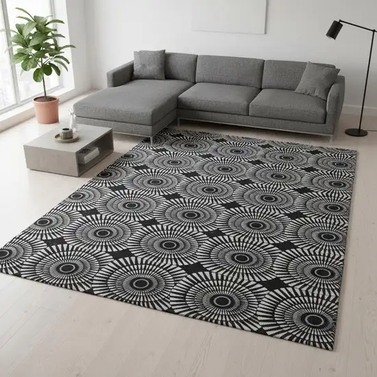 Black And Ivory Geometric Washable Area Rug With UV Protection Photo 2