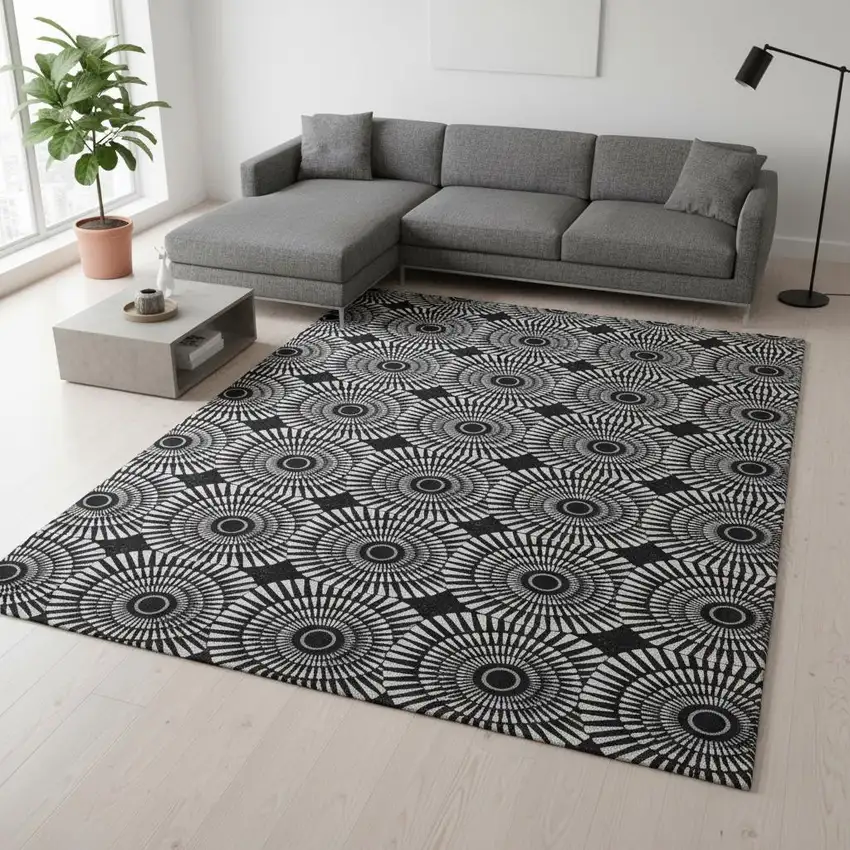 Black And Ivory Geometric Washable Area Rug With UV Protection Photo 2