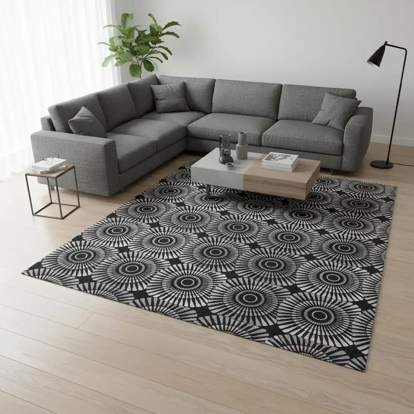 Black And Ivory Geometric Washable Area Rug With UV Protection Photo 2