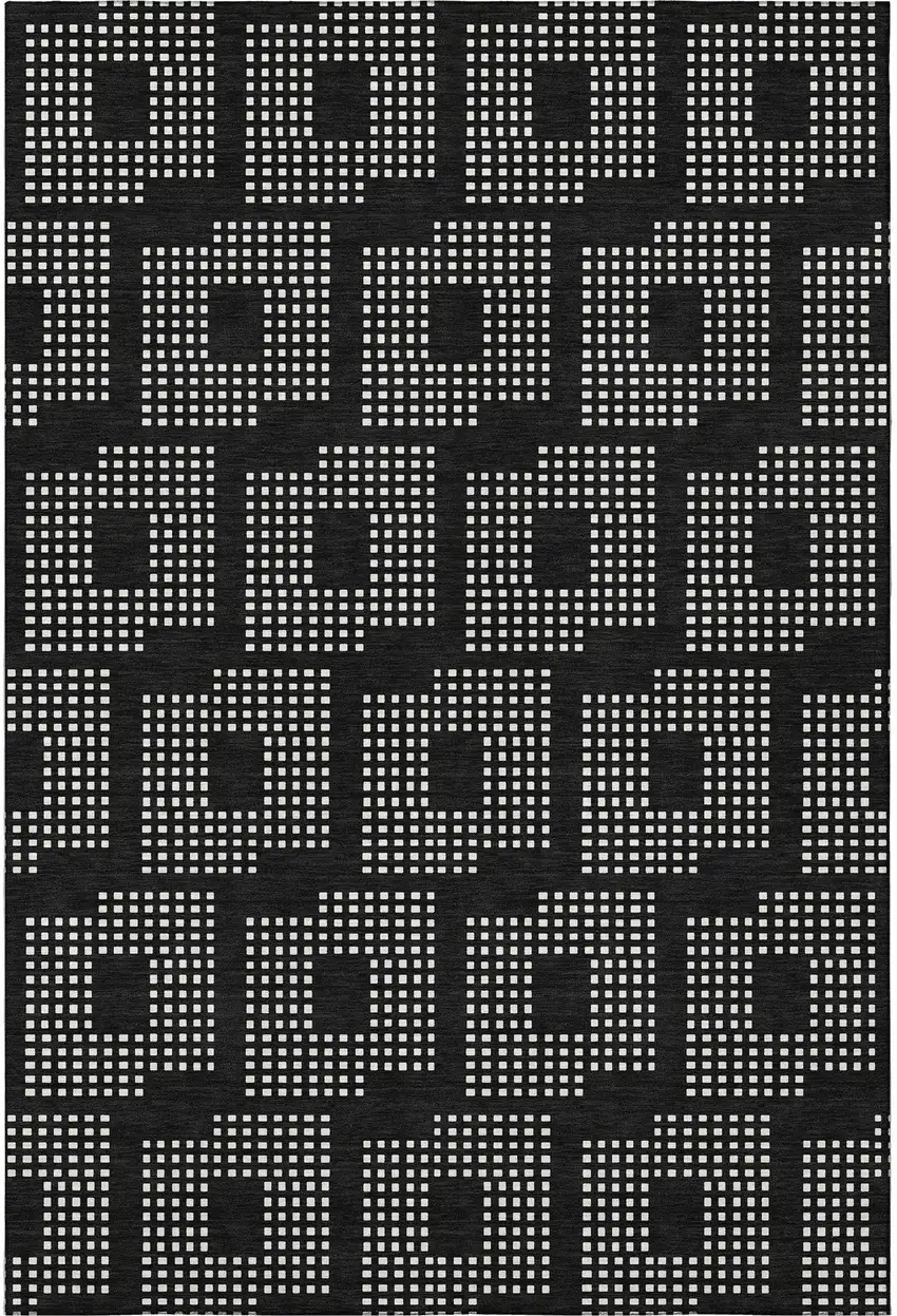 Black And Ivory Geometric Washable Area Rug With UV Protection Photo 3