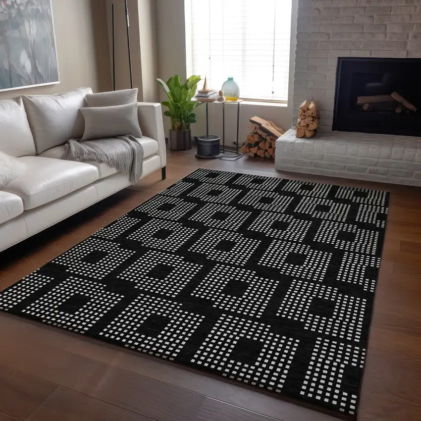 Black And Ivory Geometric Washable Area Rug With UV Protection Photo 5