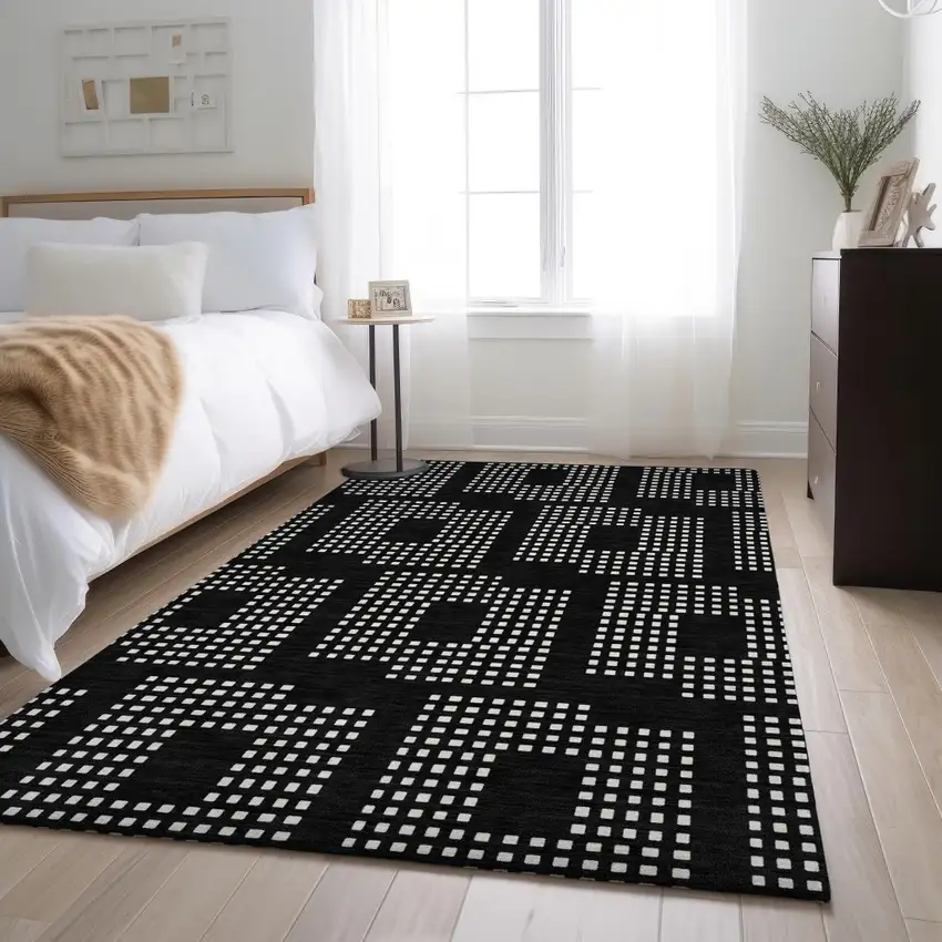 Black And Ivory Geometric Washable Area Rug With UV Protection Photo 4