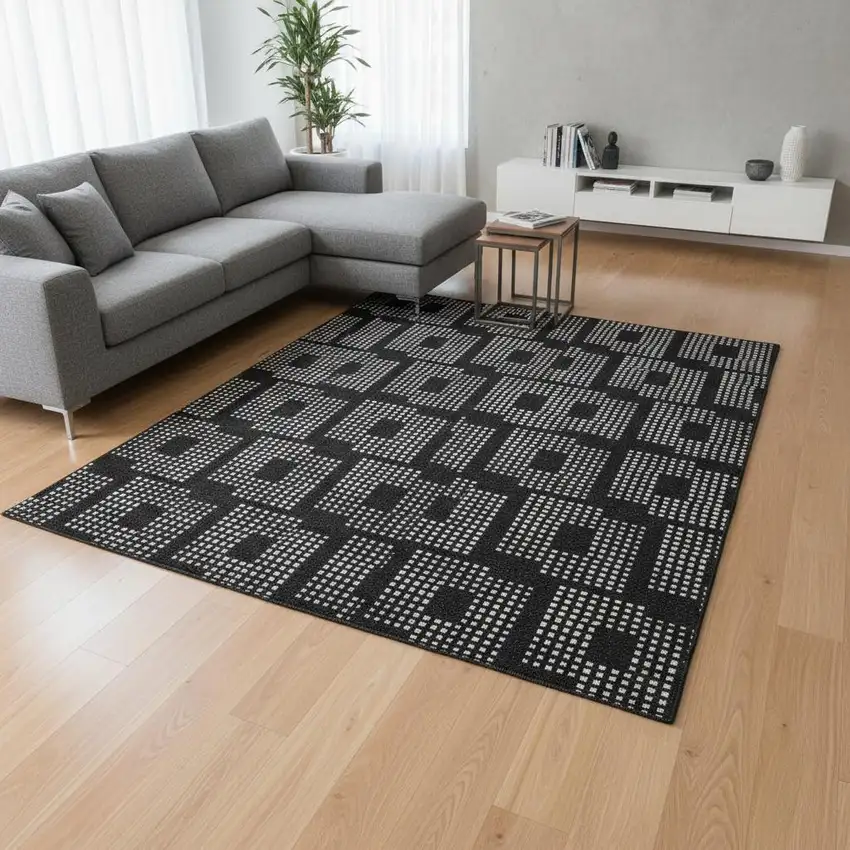 Black And Ivory Geometric Washable Area Rug With UV Protection Photo 2