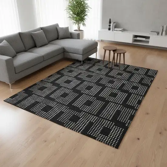 Black And Ivory Geometric Washable Area Rug With UV Protection Photo 2