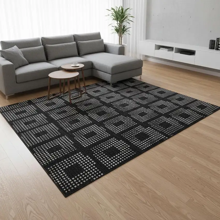 Black And Ivory Geometric Washable Area Rug With UV Protection Photo 2