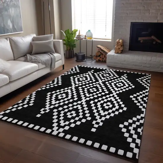 Black And Ivory Geometric Washable Area Rug With UV Protection Photo 5
