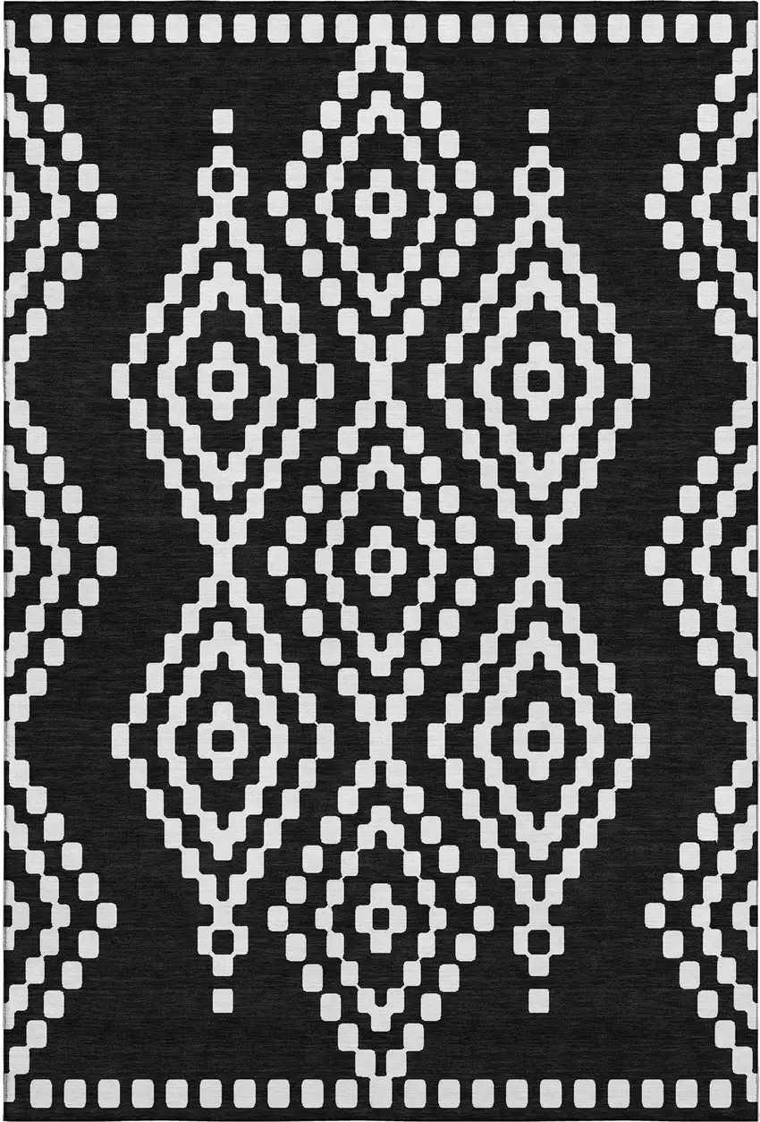 Black And Ivory Geometric Washable Area Rug With UV Protection Photo 7